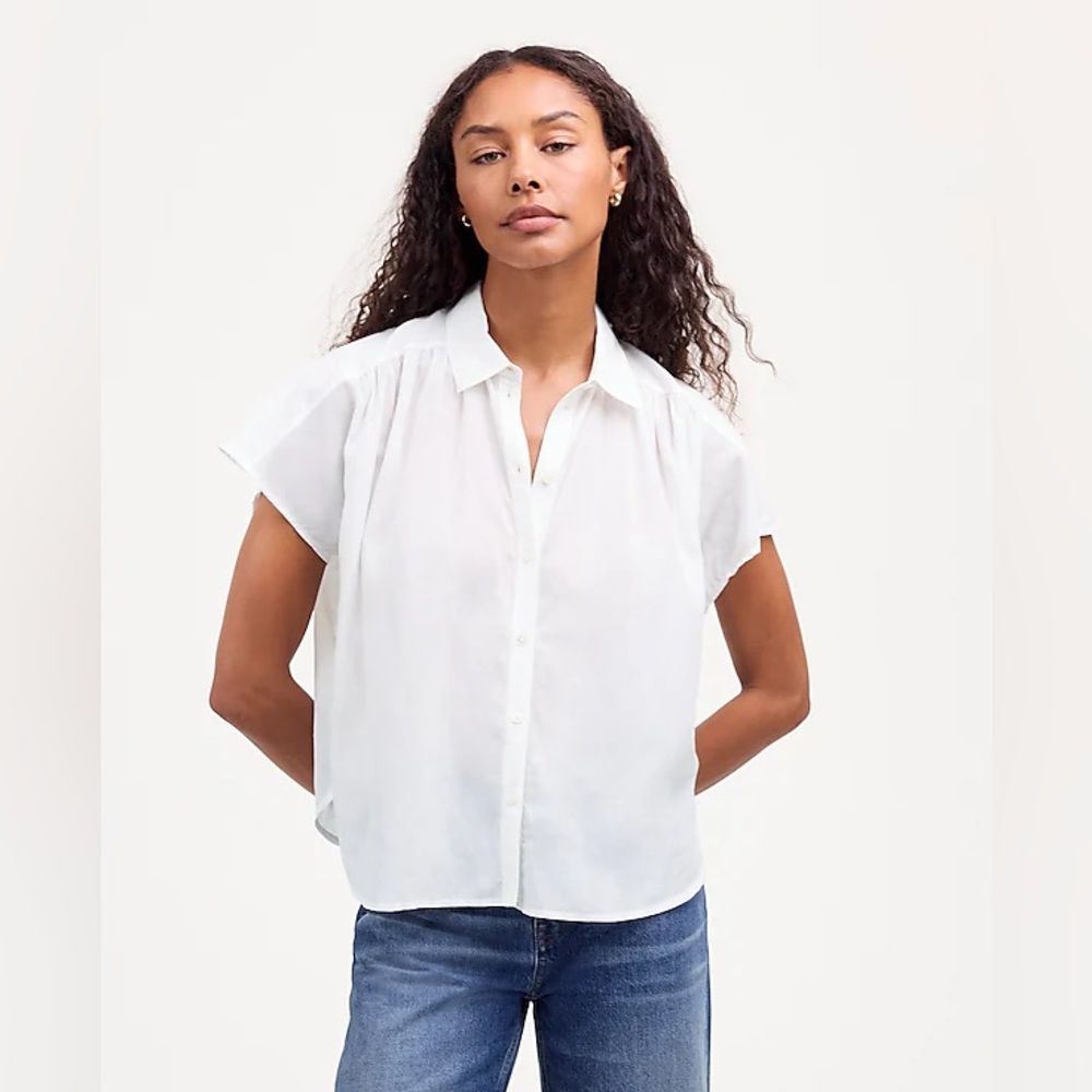 Women’s Madewell White Cap-Sleeve A-Line Top Pleated Cotton Blend Size Small